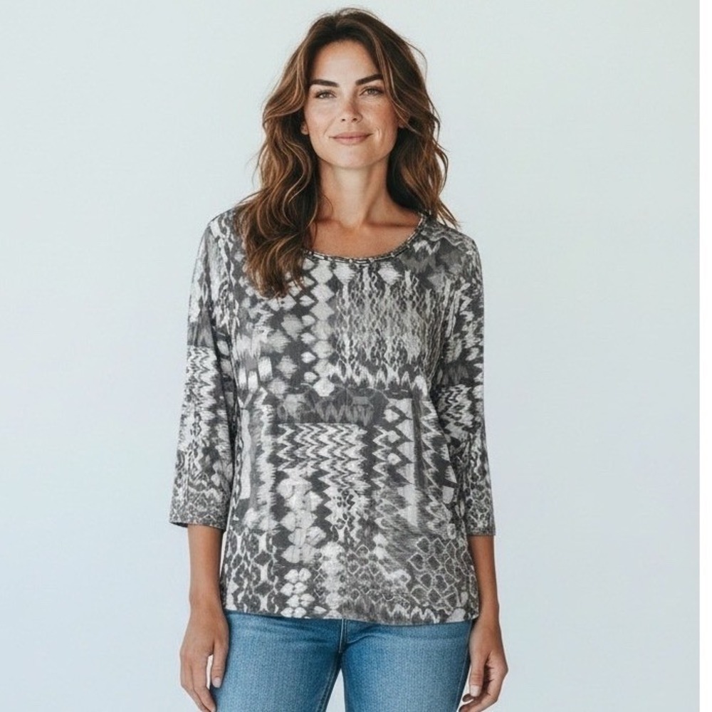 Ruby Rd Women Large Gray Abstract Patchwork Embellished Neck 3/4 Sleeve‎ Top NWT